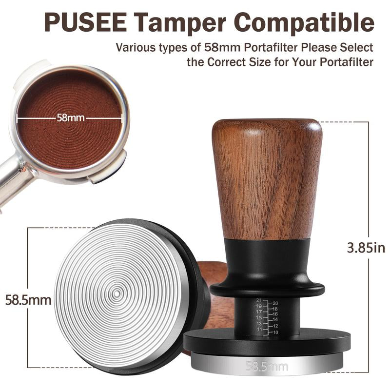 PUSEE 58Mm Espresso Tamper, Calibrated Tamper with 30Lbs Double Spring Loaded Tamper Walnut Wood Coffee Tamper for Barista Home,Stainless Steel Base Tamper Espresso Tool Fits 58 Portafilters