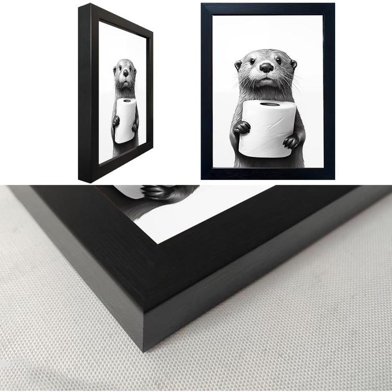 Bathroom Picture Wall Decor, Framed Black and White Bathroom Wall Art, Toilet Paper in Little Funny Raccoon'S Hand Animal Canvas Print Painting