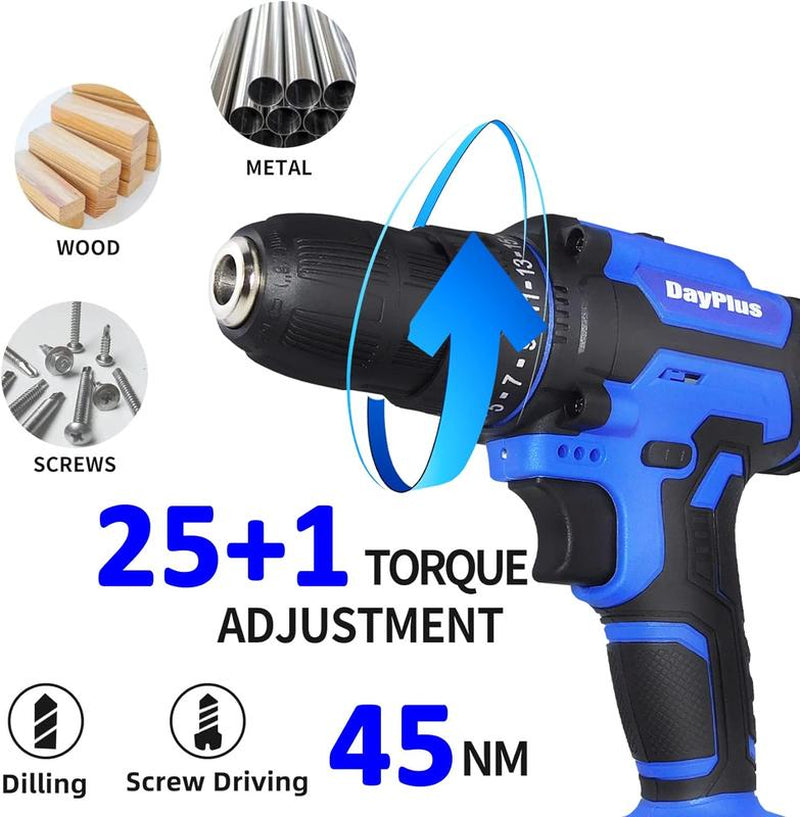 Cordless Drill Driver Set Electric Power Drill Set with 1 Battery & Charger, 3/8” Keyless Chuck, 2 Variable Speed, 400 In-Lb Torque, 25+1 Position and 26Pcs Drill/Driver Bits