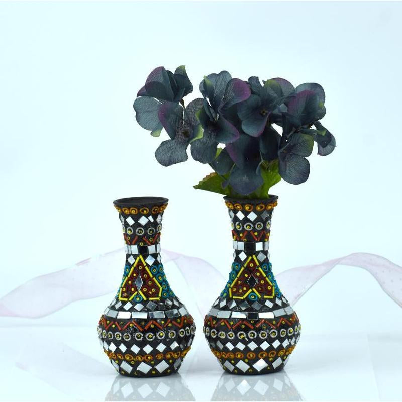 Vase Set of 2 Shisha Moti Craft Table Top Decorative Accent [6.5 Inches]