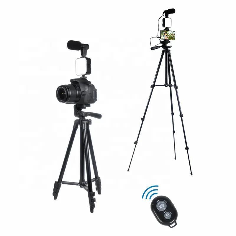 Professional Vlogging Kit for iPhone and Smartphones with LED Lights, Tripod Selfie Stick, Phone Clip, and Microphone