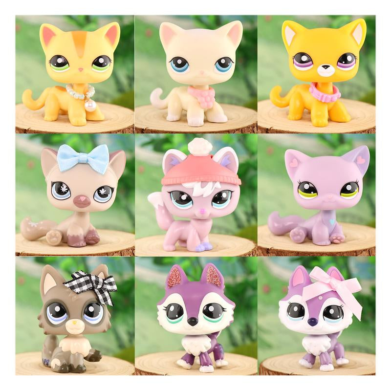 9 PC Miniature Cat Pack Dog Collie Great Dane Dachshund Cocker Spaniel Mini Pet Toys Sets Animal Figures Collection Compitable with LPS Collection