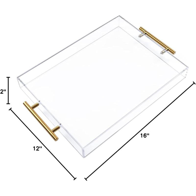 12"X16" Clear Acrylic Serving Tray with Golden Handles, Sturdy Huge Capacity Acrylic Tray for Coffee, Juice, Kitchen and Desk Organizer, Storage Tray ,12"X16"