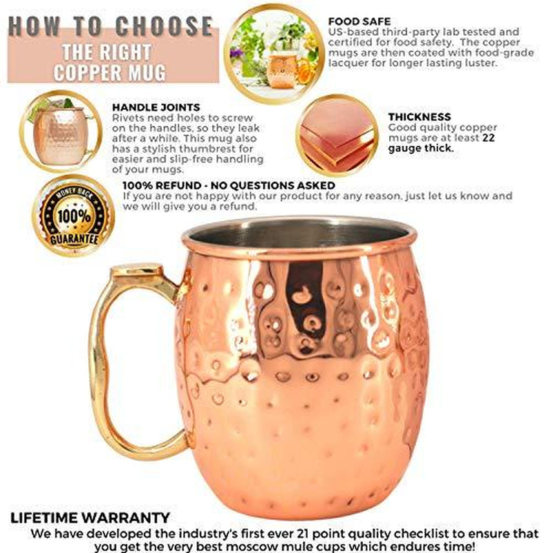 Kitchen Science Gift Set Stainless Steel Lined Copper Moscow Mule Cups Set of 4 (18Oz) with 4 Straws & 1 Jigger Tarnish-Resistant