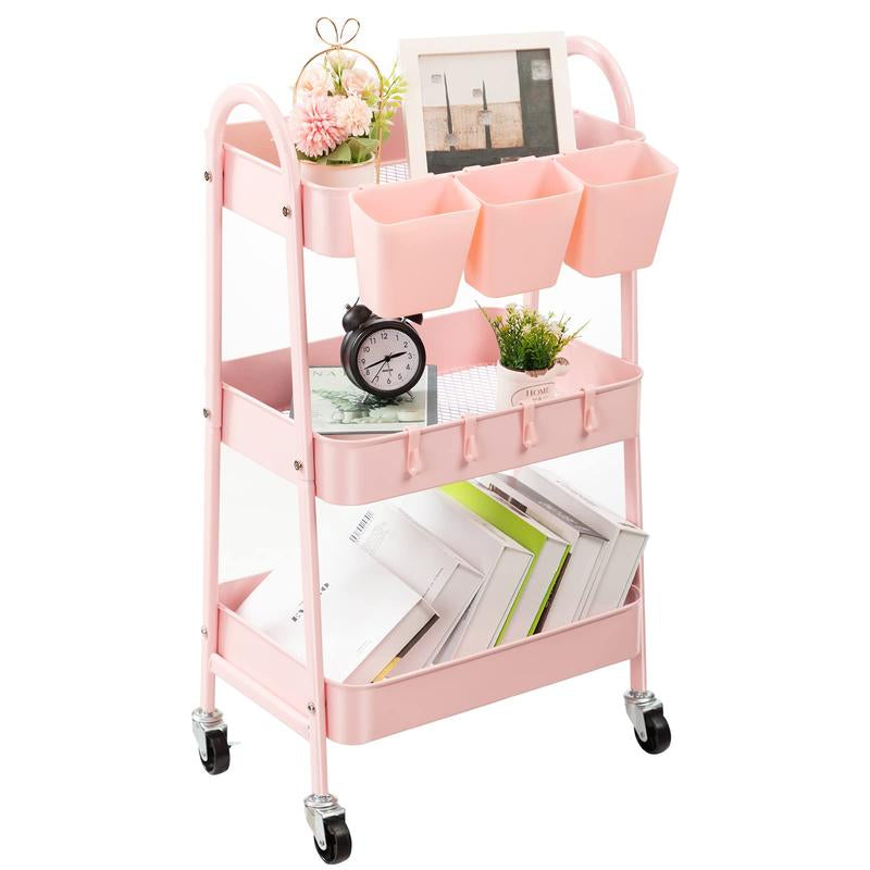 Danpinera Metal 3-Tier Rolling Storage Cart, Multifunctional Storage Shelves with Lockable Wheels & Hanging Cups & Hooks, Mobile Trolley Cart for Kitchen, Bathroom, Office, Workshop Organiser Racks