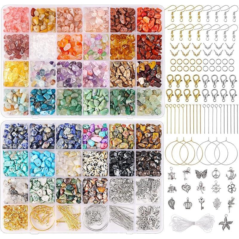 1800Pcs 56 Colors Crystal Beads, Ring Making Kit, Gemstone Chip Beads Irregular Natural Stone with Jewelry Making Supplies for DIY Craft Bracelet Necklace Earrings, Craft Gifts