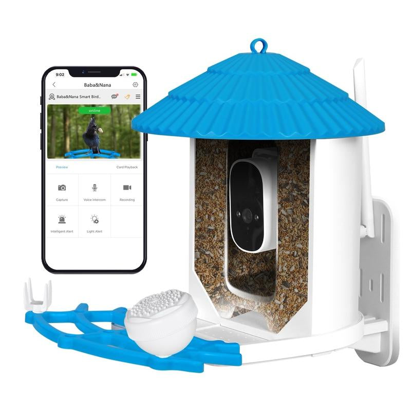 Baba&Nana Smart Bird Feeder with Camera, Solar-Powered Wireless Outdoor Hanging Birdhouse with Wifi, Auto-Capture Hummingbird Live Videos & Motion Activated AI Bird Identifier for Bird Watching (BLUE)
