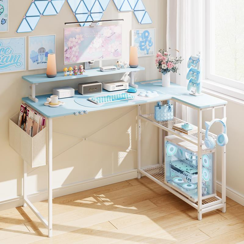 Dowinx L-Shaped Gaming Desk Cute with Cat Accessories, Built-In Power Outlet, Monitor Shelf, and Side Storage – Sturdy Metal Frame for Gamers and Home Office,43-Inch