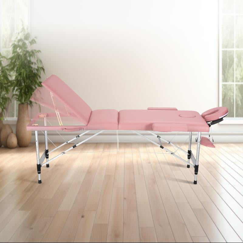 3 Folding Portable Lightweight Massage Table Salon Spa Tattoo Bed 82 Inches Height Adjustable with Aluminium Leg Carrying Bag, Maximum Weight Capacity 595Lbs，Pink