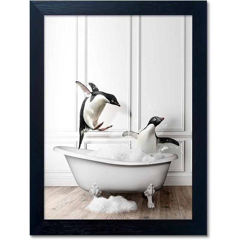 Bathroom Picture Wall Decor, Framed Black and White Bathroom Wall Art, Toilet Paper in Little Funny Raccoon'S Hand Animal Canvas Print Painting
