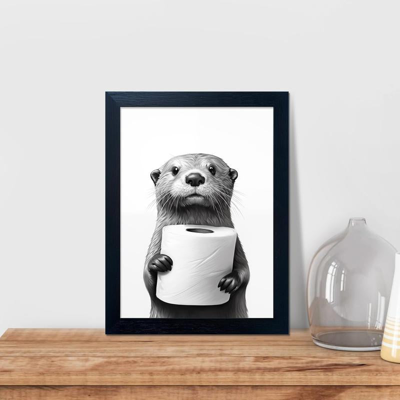 Bathroom Picture Wall Decor, Framed Black and White Bathroom Wall Art, Toilet Paper in Little Funny Raccoon'S Hand Animal Canvas Print Painting