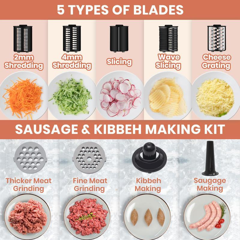 2 in 1 Electric Cheese Grater & Meat Kitchen Grinder, Vegetable Cutter Veggie Slicer, Vegetable Shredder & Kibbeh Kit with 12 Attachments Fruit Chopping Appliance