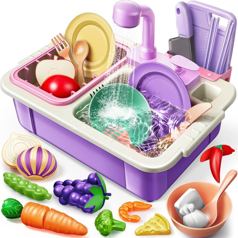 Geyiie Play Sink with Running Water, Kitchen Sink Toys for Kids Toddlers Pets with Automatic Water Cycle System, Cutting Food, Tableware Accessories, Pretend Role Playset Gift Toys for Girls Boys