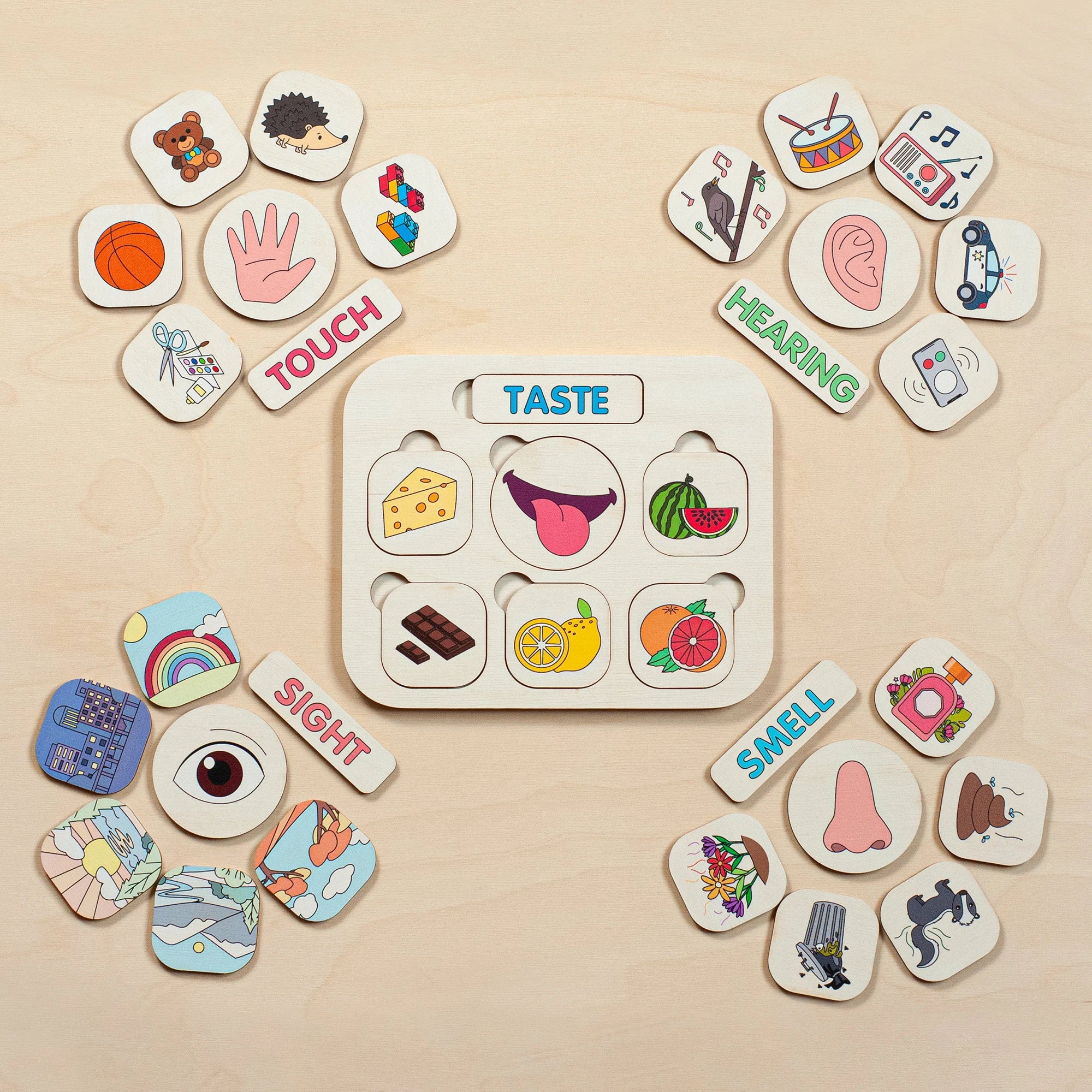 Educational Wood Toys, Five Senses Matching Cards, Educational Toys, Montessori Toys Toddler Toys Gifts for Kids Toys and Games Waldorf Toys