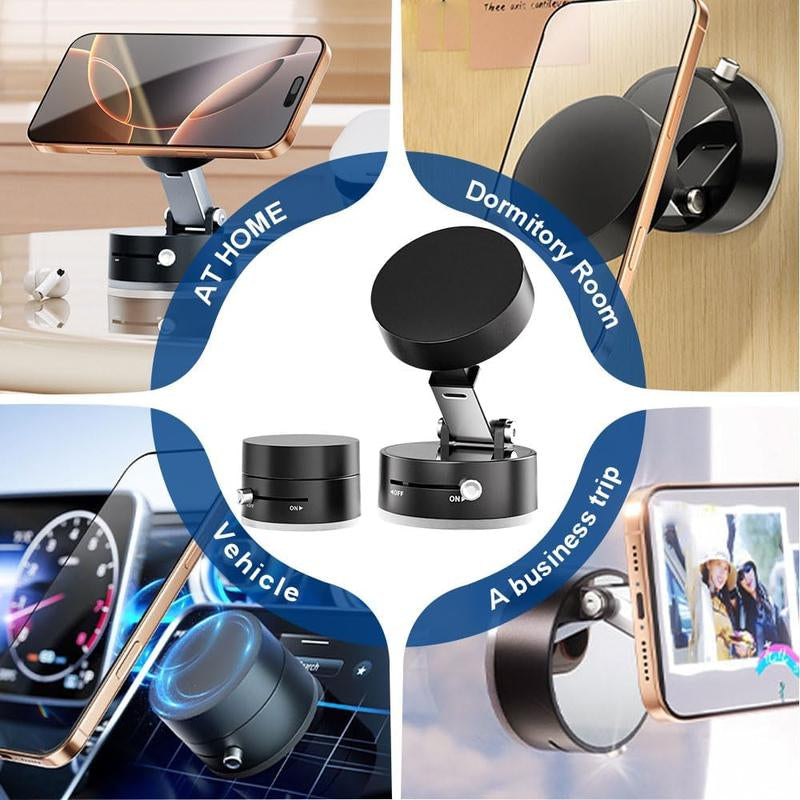 Foldable 360° Rotatable Magnetic Phone Stand with Vacuum Suction, Retractable Double-Sided Holder for All Phones (Black)