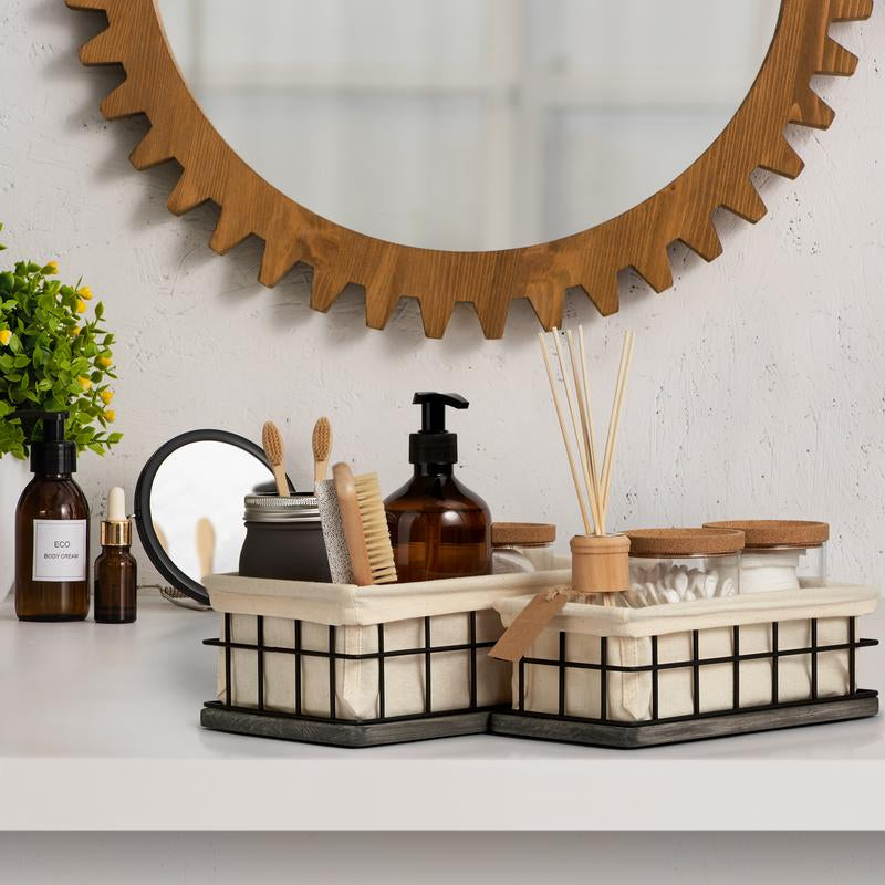 Baobab Workshop Gray Wood & Wire Baskets - Versatile Storage for Bathroom, Kitchen, Office - Handcrafted Organizing Crates