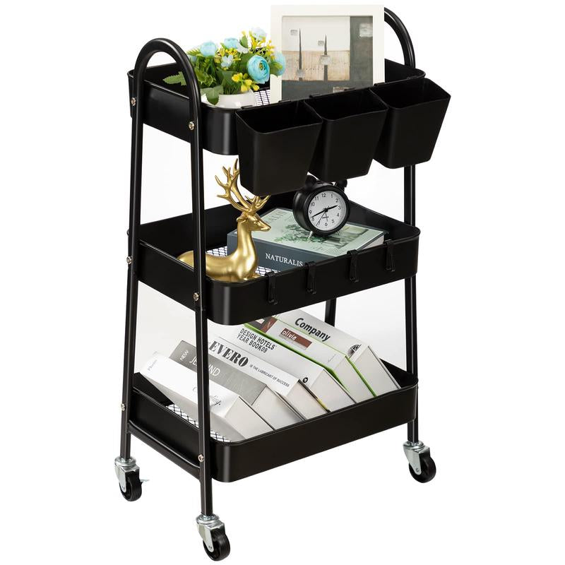 Danpinera Metal 3-Tier Rolling Storage Cart, Multifunctional Storage Shelves with Lockable Wheels & Hanging Cups & Hooks, Mobile Trolley Cart for Kitchen, Bathroom, Office, Workshop Organiser Racks