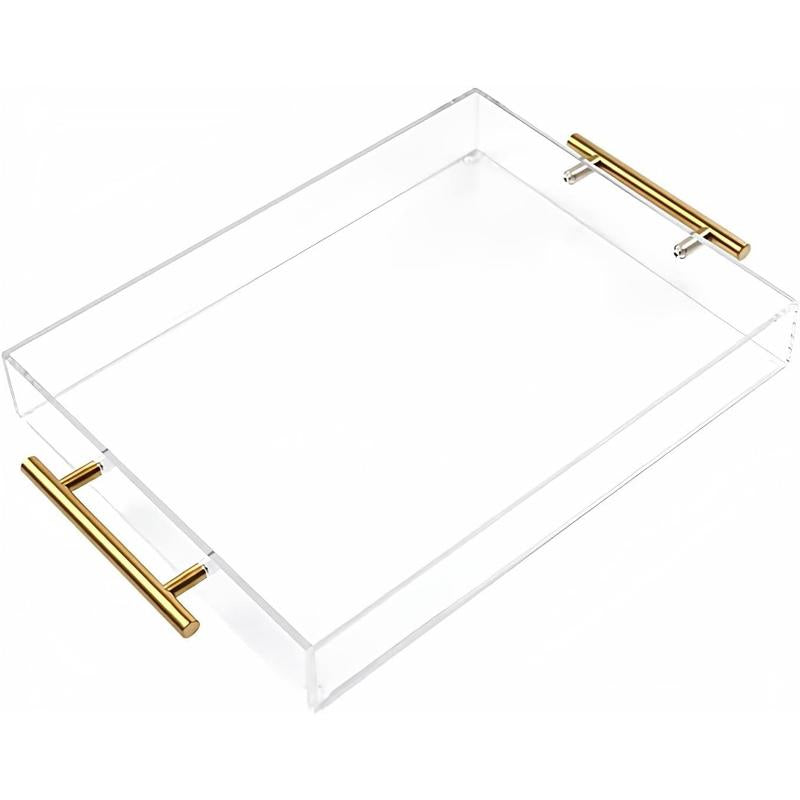 12"X16" Clear Acrylic Serving Tray with Golden Handles, Sturdy Huge Capacity Acrylic Tray for Coffee, Juice, Kitchen and Desk Organizer, Storage Tray ,12"X16"