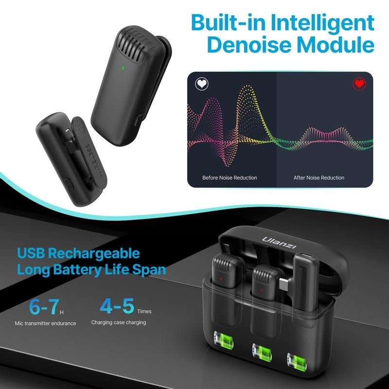 ULANZI J12 Wireless Lavalier Microphone for iPhone, Android, and PC - Type-C Interface, 2-in-1 Plug-and-Play Mic with Charging Case and 65Ft Transmission Range for Video Recording