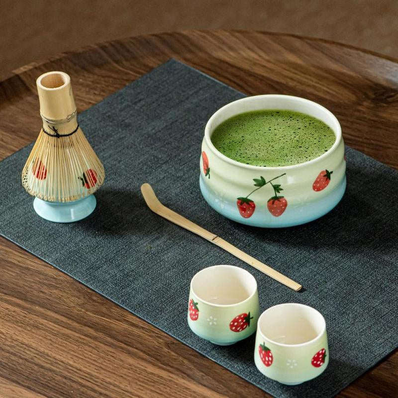 Strawberry Pattern Matcha Tea Set, 6 Counts/Set Including Matcha Scoop, Matcha Bowl, Stand, Matcha Brush, Tea Making Tools for Home Office