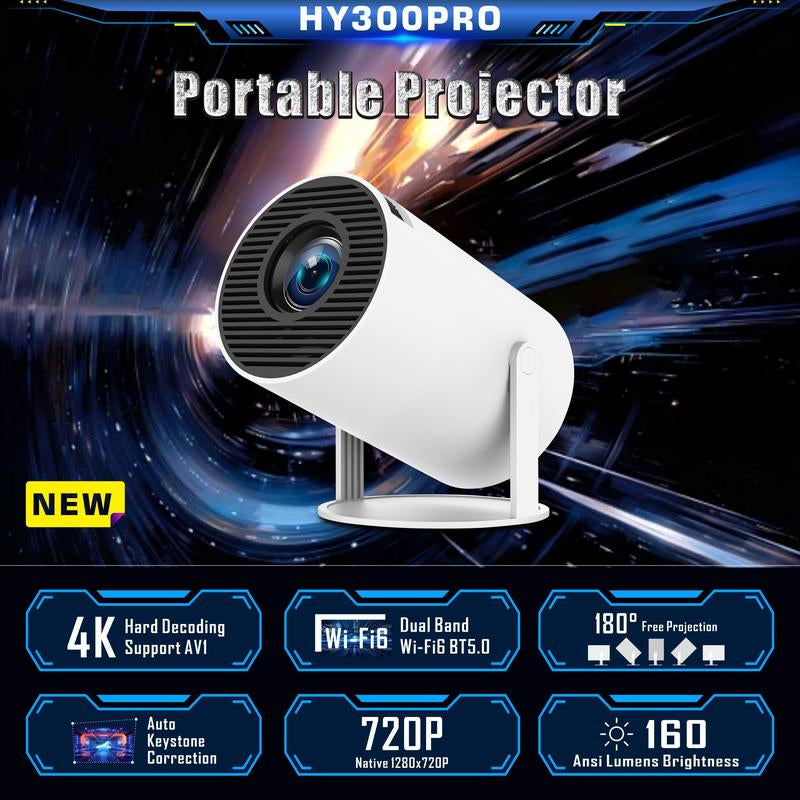 Portable 4K 360° HD LED Smart Projector with Wi-Fi 2.4/5G, Bluetooth 5.2, Built-In Speaker, and 200-Inch Display for Home Theater and Outdoor Use