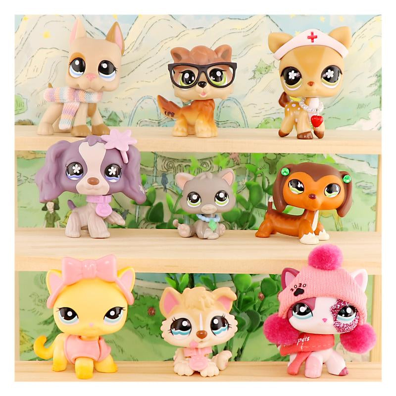 9 PC Miniature Cat Pack Dog Collie Great Dane Dachshund Cocker Spaniel Mini Pet Toys Sets Animal Figures Collection Compitable with LPS Collection