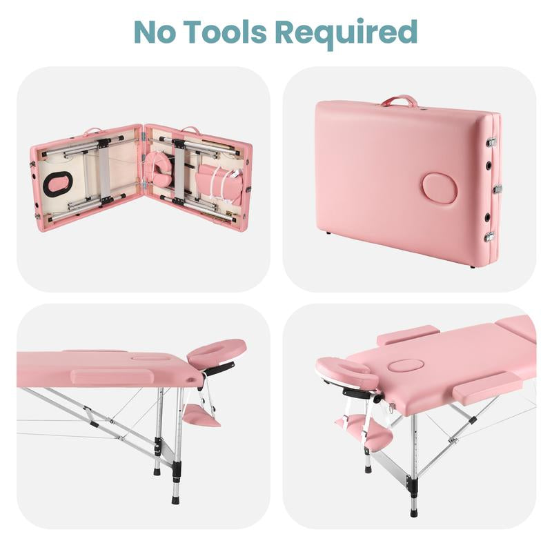 3 Folding Portable Lightweight Massage Table Salon Spa Tattoo Bed 82 Inches Height Adjustable with Aluminium Leg Carrying Bag, Maximum Weight Capacity 595Lbs，Pink