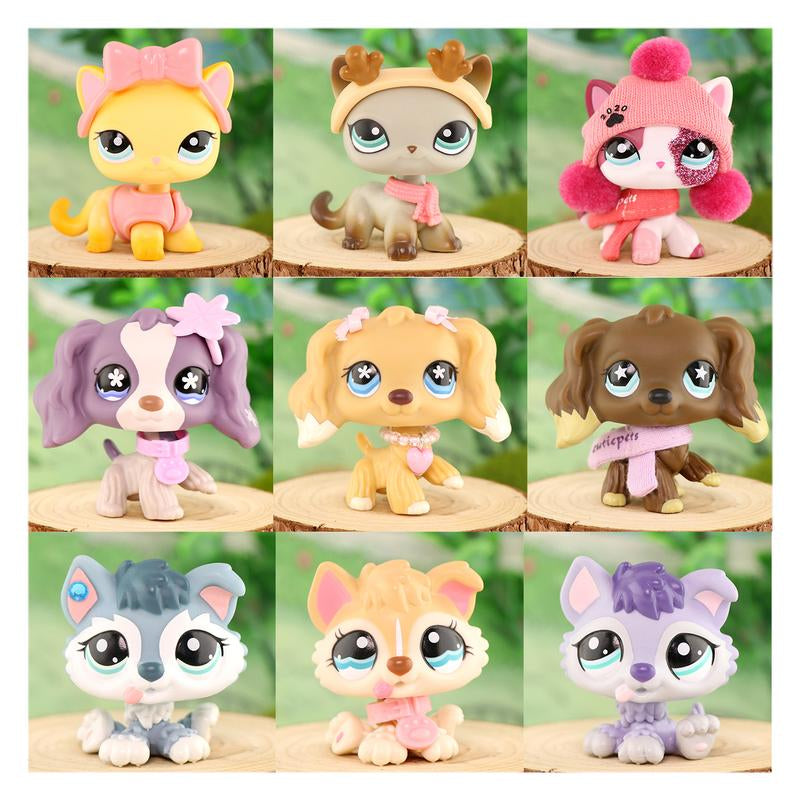 9 PC Miniature Cat Pack Dog Collie Great Dane Dachshund Cocker Spaniel Mini Pet Toys Sets Animal Figures Collection Compitable with LPS Collection