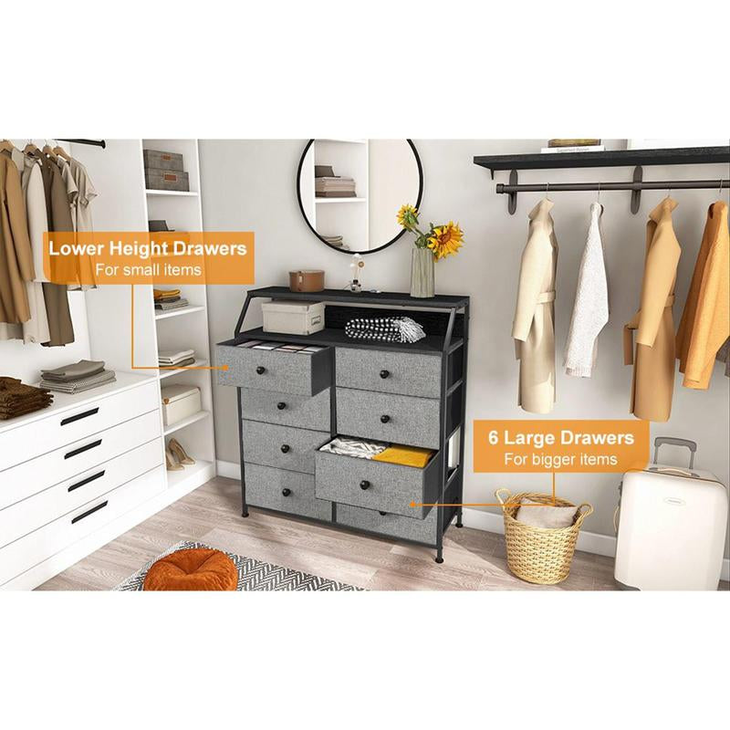 REAHOME 8 Drawer Wood Top Storage Dresser W/ 2 Drawer Organizers, Light Grey