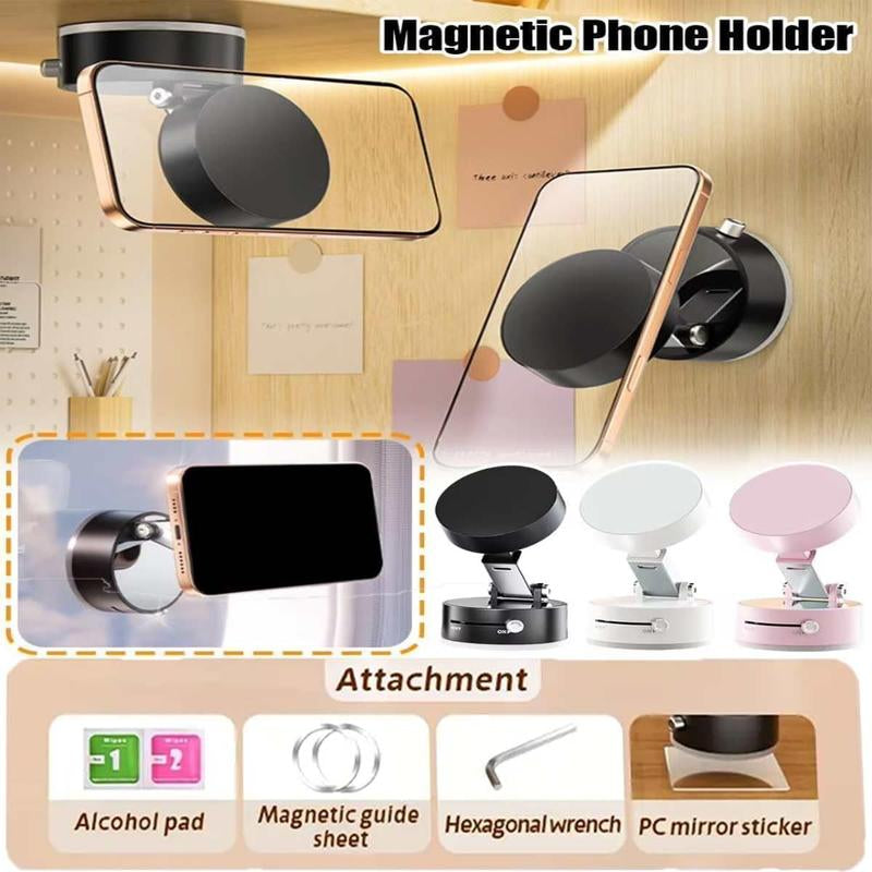 Foldable 360° Rotatable Magnetic Phone Stand with Vacuum Suction, Retractable Double-Sided Holder for All Phones (Black)