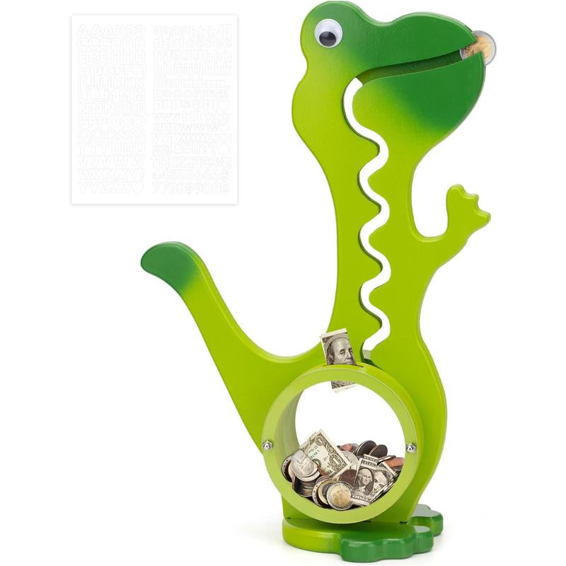 Wooden Dinosaur Piggy Bank Boalord for Boys Girls Clear Big Belly Coin Bank for Real Money Toydino-Green