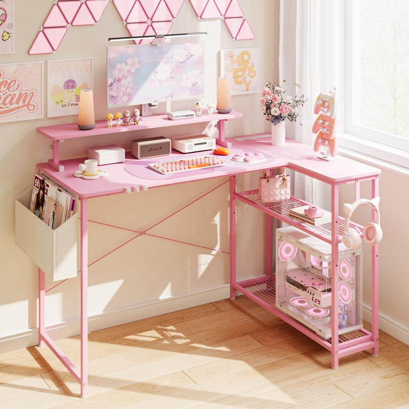 Dowinx L-Shaped Gaming Desk Cute with Cat Accessories, Built-In Power Outlet, Monitor Shelf, and Side Storage – Sturdy Metal Frame for Gamers and Home Office,43-Inch