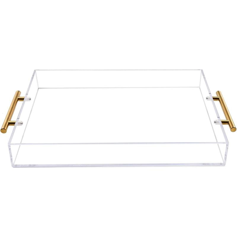 12"X16" Clear Acrylic Serving Tray with Golden Handles, Sturdy Huge Capacity Acrylic Tray for Coffee, Juice, Kitchen and Desk Organizer, Storage Tray ,12"X16"