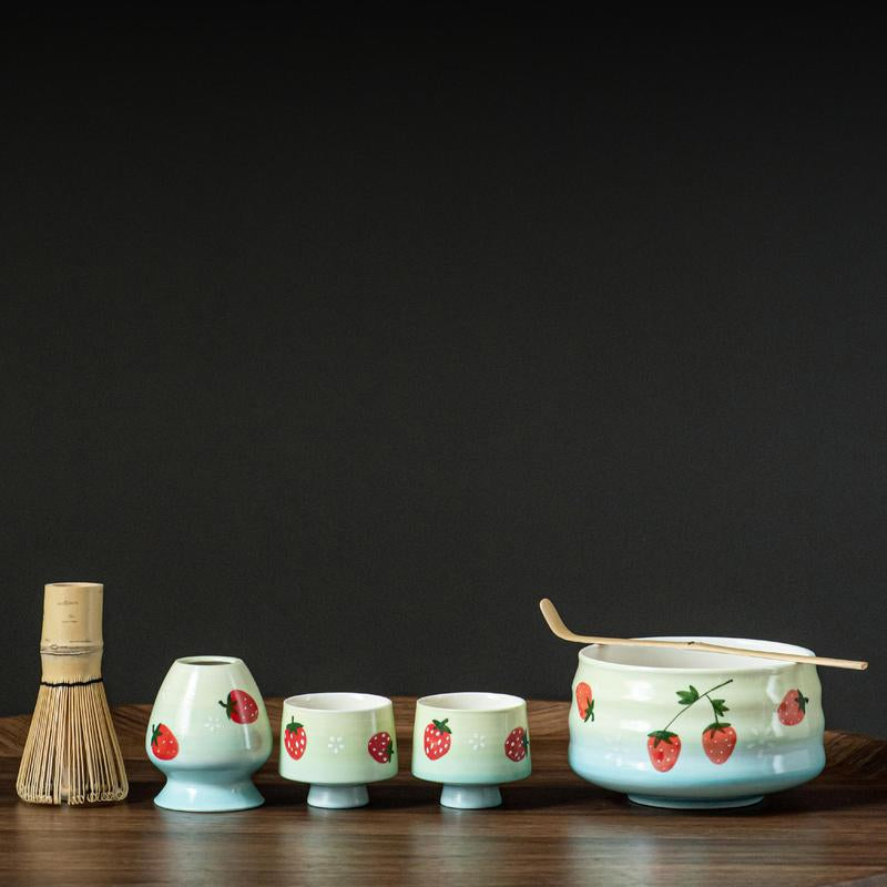 Strawberry Pattern Matcha Tea Set, 6 Counts/Set Including Matcha Scoop, Matcha Bowl, Stand, Matcha Brush, Tea Making Tools for Home Office
