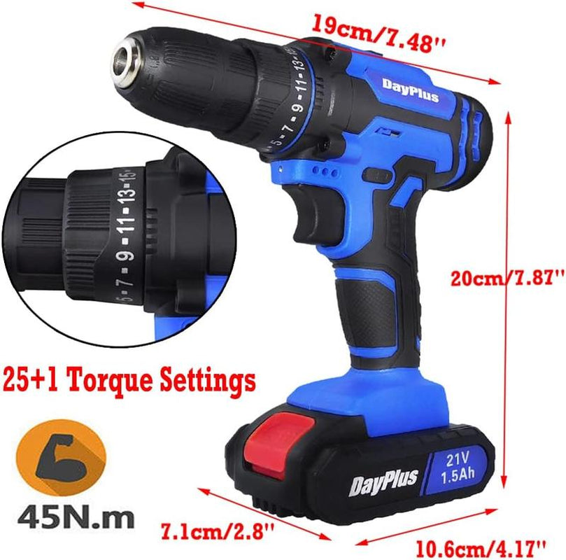 Cordless Drill Driver Set Electric Power Drill Set with 1 Battery & Charger, 3/8” Keyless Chuck, 2 Variable Speed, 400 In-Lb Torque, 25+1 Position and 26Pcs Drill/Driver Bits