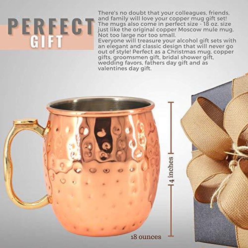 Kitchen Science Gift Set Stainless Steel Lined Copper Moscow Mule Cups Set of 4 (18Oz) with 4 Straws & 1 Jigger Tarnish-Resistant