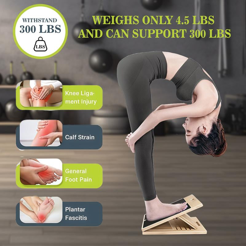 Adjustable Slant Board for Stretching & Physical Therapy – Durable Wooden Calf Stretcher with an Included Exercise Guide. Supports up to 300 Lbs—Perfect for Achilles Tendon Relief, Squats, and Leg Workouts. Portable and Versatile for Home or Gym Use.