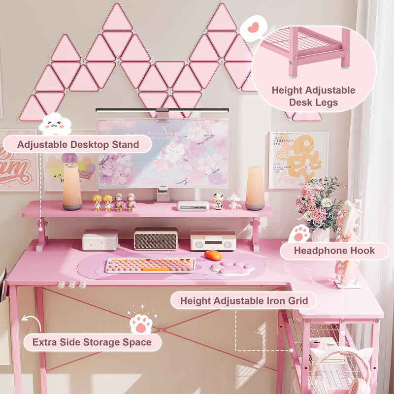 Dowinx L-Shaped Gaming Desk Cute with Cat Accessories, Built-In Power Outlet, Monitor Shelf, and Side Storage – Sturdy Metal Frame for Gamers and Home Office,43-Inch