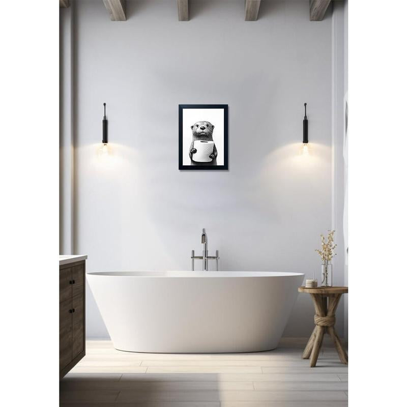 Bathroom Picture Wall Decor, Framed Black and White Bathroom Wall Art, Toilet Paper in Little Funny Raccoon'S Hand Animal Canvas Print Painting