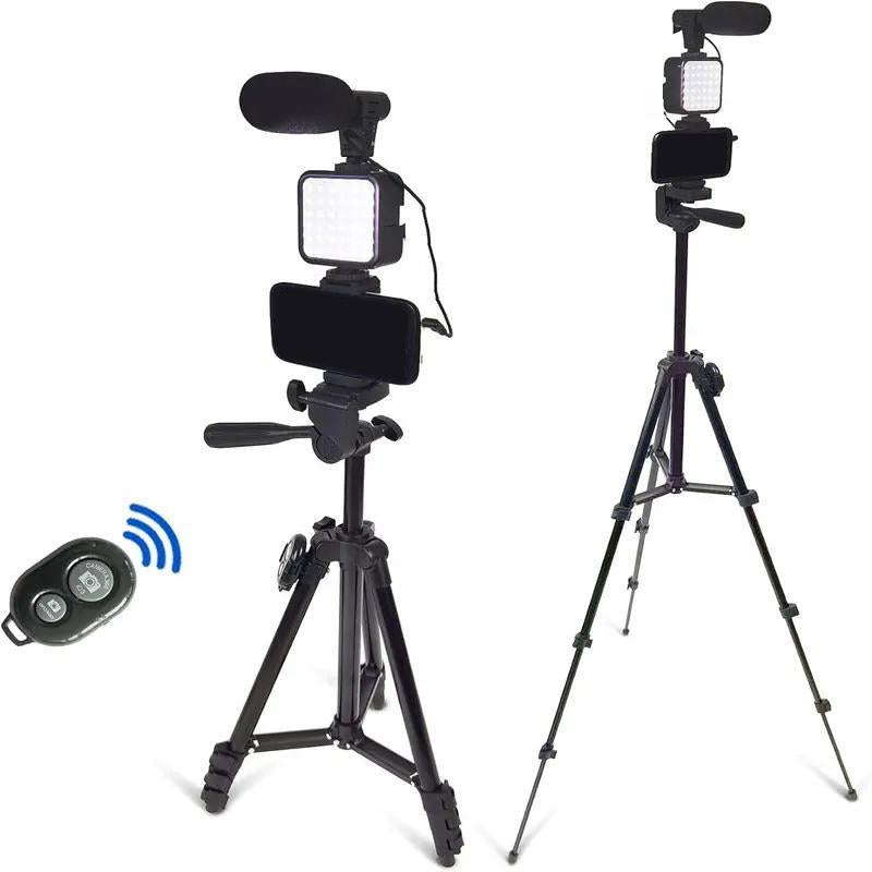Professional Vlogging Kit for iPhone and Smartphones with LED Lights, Tripod Selfie Stick, Phone Clip, and Microphone