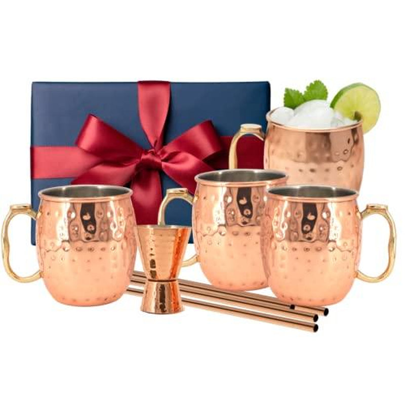 Kitchen Science Gift Set Stainless Steel Lined Copper Moscow Mule Cups Set of 4 (18Oz) with 4 Straws & 1 Jigger Tarnish-Resistant