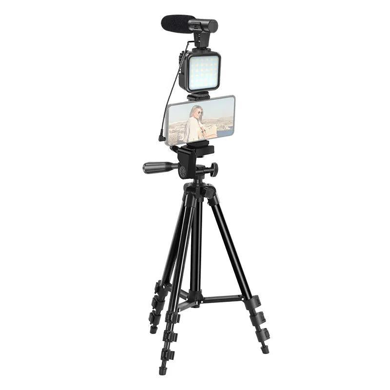 Professional Vlogging Kit for iPhone and Smartphones with LED Lights, Tripod Selfie Stick, Phone Clip, and Microphone