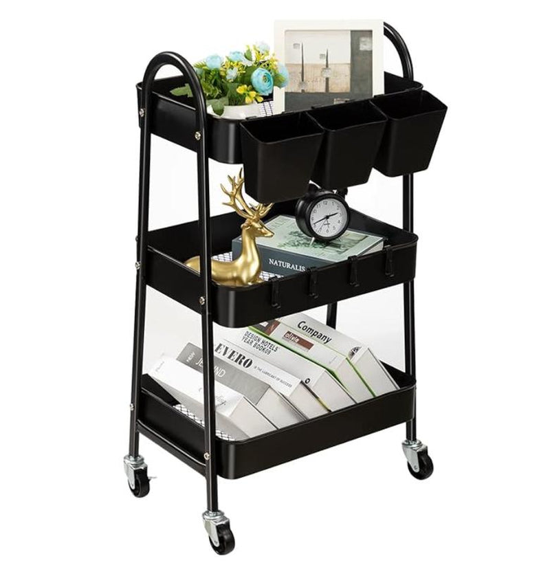 Danpinera Metal 3-Tier Rolling Storage Cart, Multifunctional Storage Shelves with Lockable Wheels & Hanging Cups & Hooks, Mobile Trolley Cart for Kitchen, Bathroom, Office, Workshop Organiser Racks