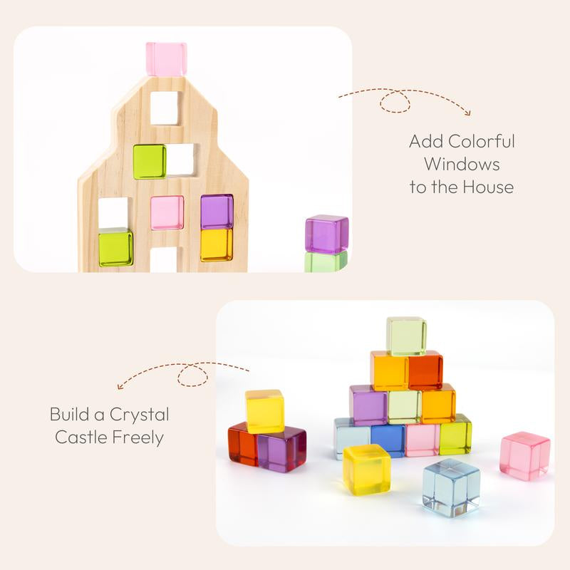 Woodtoe Wooden Building Blocks Set for Kids, 36 PCS Rainbow Acrylic Gem Cubes Blocks - 3 Wood House, Montessori Stacking Toy for Toddlers, Educational STEM Toys Birthday for Boys Girls 3-6