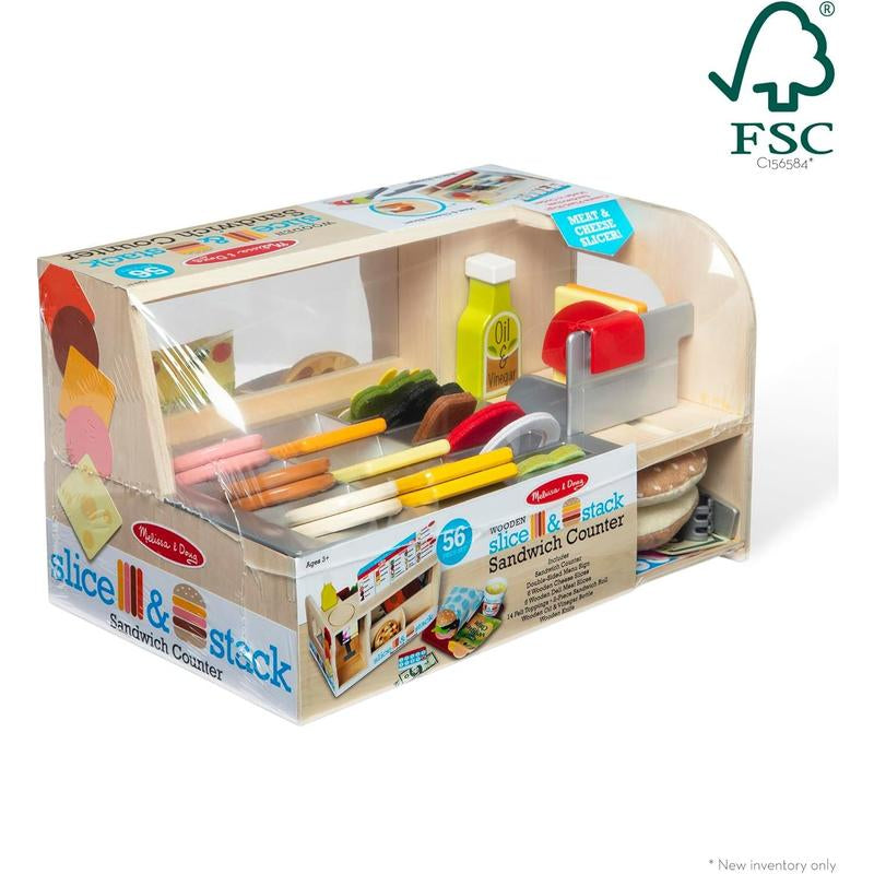 Melissa & Doug Wooden Slice & Stack Sandwich Counter with Deli Slicer – 56-Piece Pretend Play Food Pieces