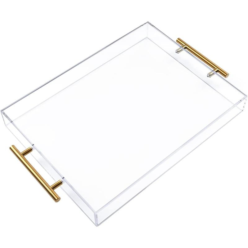 12"X16" Clear Acrylic Serving Tray with Golden Handles, Sturdy Huge Capacity Acrylic Tray for Coffee, Juice, Kitchen and Desk Organizer, Storage Tray ,12"X16"