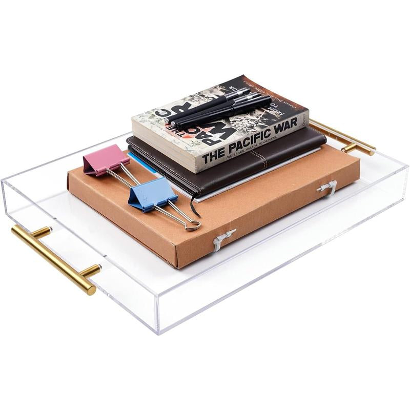 12"X16" Clear Acrylic Serving Tray with Golden Handles, Sturdy Huge Capacity Acrylic Tray for Coffee, Juice, Kitchen and Desk Organizer, Storage Tray ,12"X16"