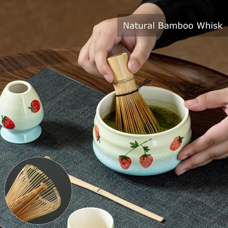 Strawberry Pattern Matcha Tea Set, 6 Counts/Set Including Matcha Scoop, Matcha Bowl, Stand, Matcha Brush, Tea Making Tools for Home Office